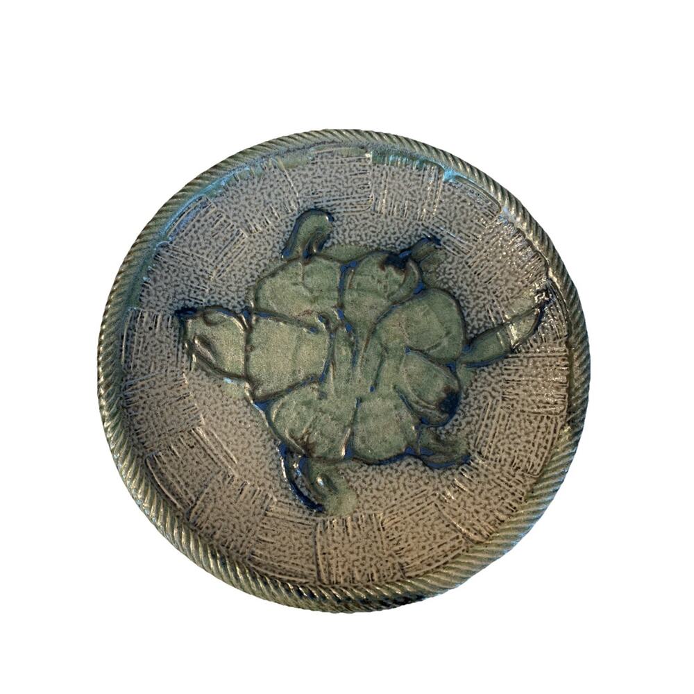 Vtg ROCK HARD Salt Glaze Pottery Stoneware 7” Green Turtle Dish Plate